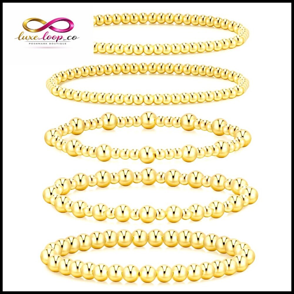 14K Gold Plated Beaded Bracelets Set, 5PCS Stackable Adjustable Stretch Jewelry